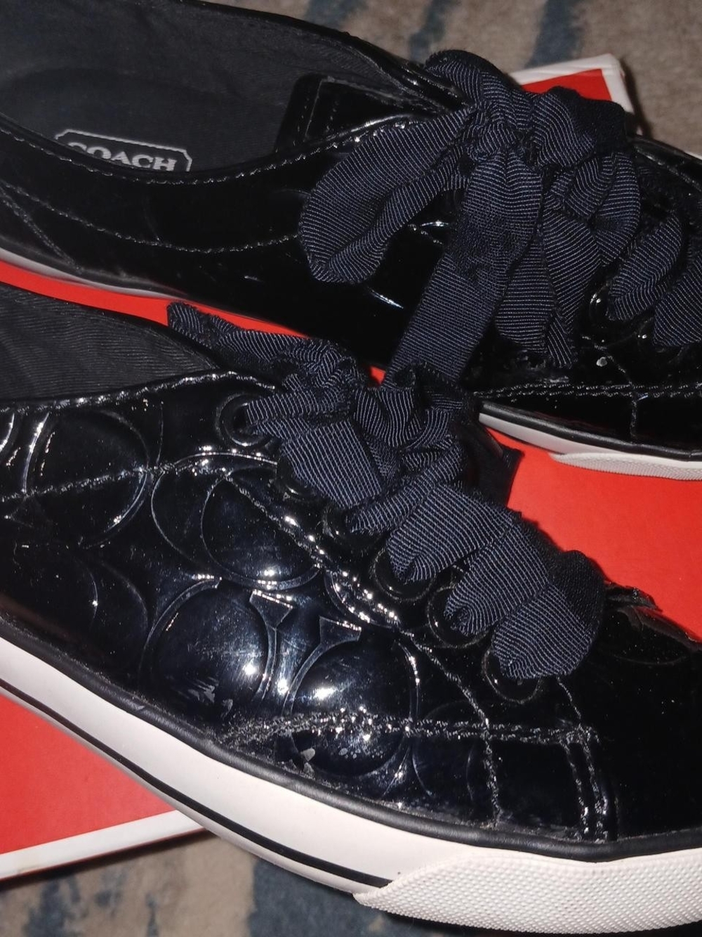 Coach Black Patent Leather Logo Ribbon Lace Sneakers